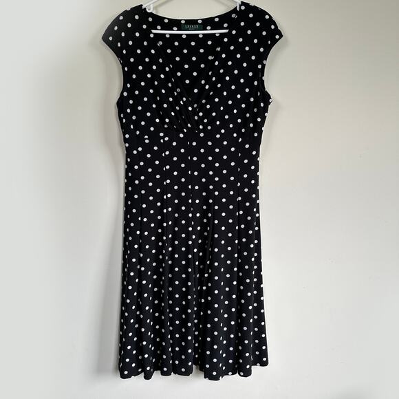 Lauren Ralph Lauren Dresses & Skirts - Lauren Ralph Lauren Dress V-Neck Short Sleeve Fit & Flare Black Polka Dot Sz Med